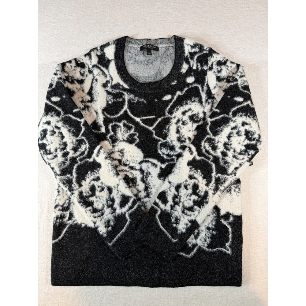 Liverpool Los Angeles Black White Floral Eyelash Knit Sweater Small NWT
